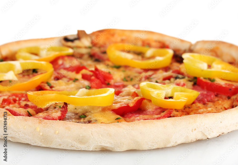 delicious pizza with sausage and vegetables isolated on white delicious pizza with sausage and vegetables isolated on white