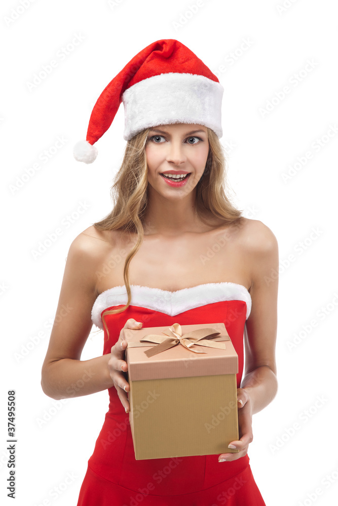 Happy Christmas woman holding gift wearing Santa costume Happy Christmas woman holding gift wearing Santa costume