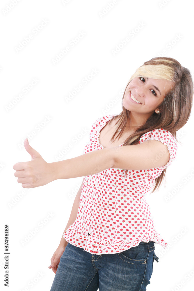 a beautiful smiling woman making ok sign