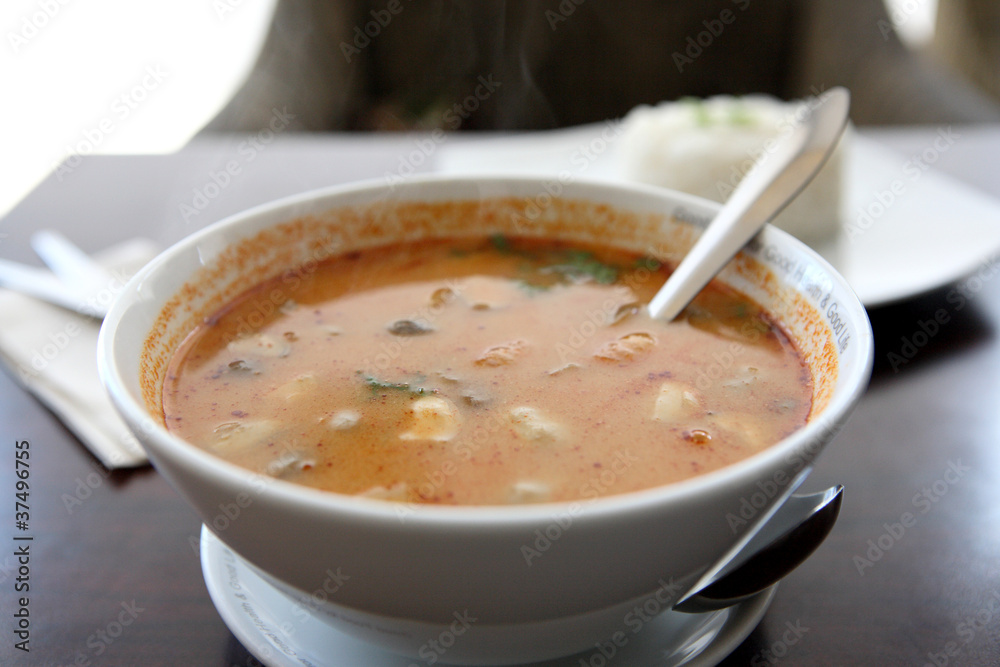 Thai traditional spicy prawn soup , Tom yum kung with rice Thai traditional spicy prawn soup , Tom yum kung with rice