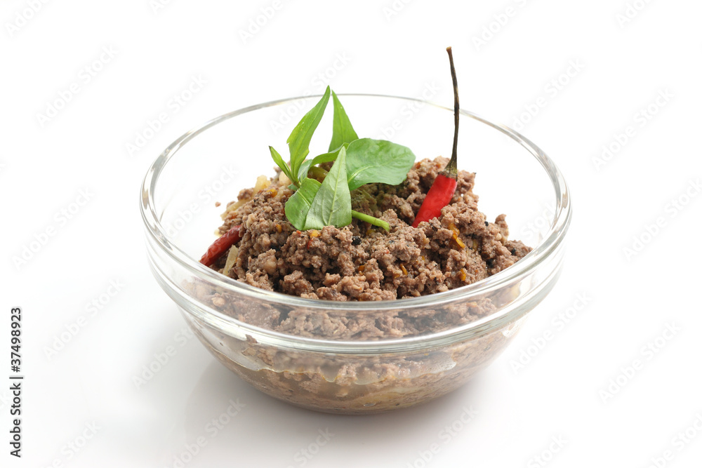 Thai food minced meat with vegetable and chilli isolated in whit Thai food minced meat with vegetable and chilli isolated in whit