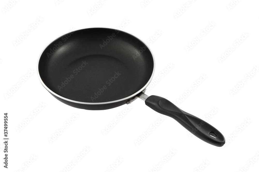 Black pan see from handle on white background. Black pan see from handle on white background.