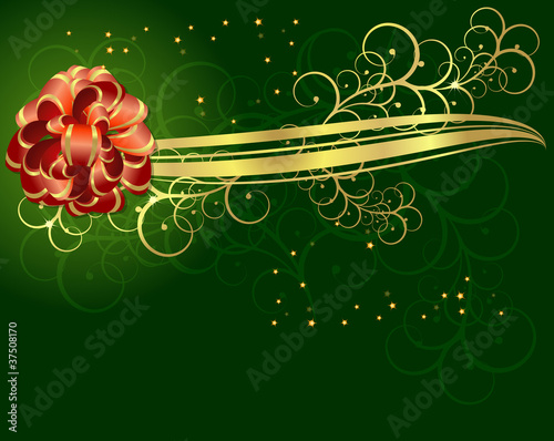 Sfondo verde con decorazione oro e fiocco rosso