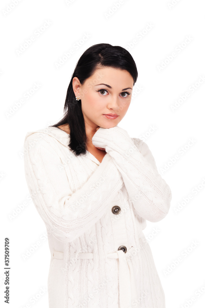 Young woman in white knitted dressing gown Young woman in white knitted dressing gown