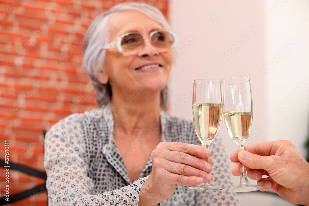 Elderly couple toasting in restaurant