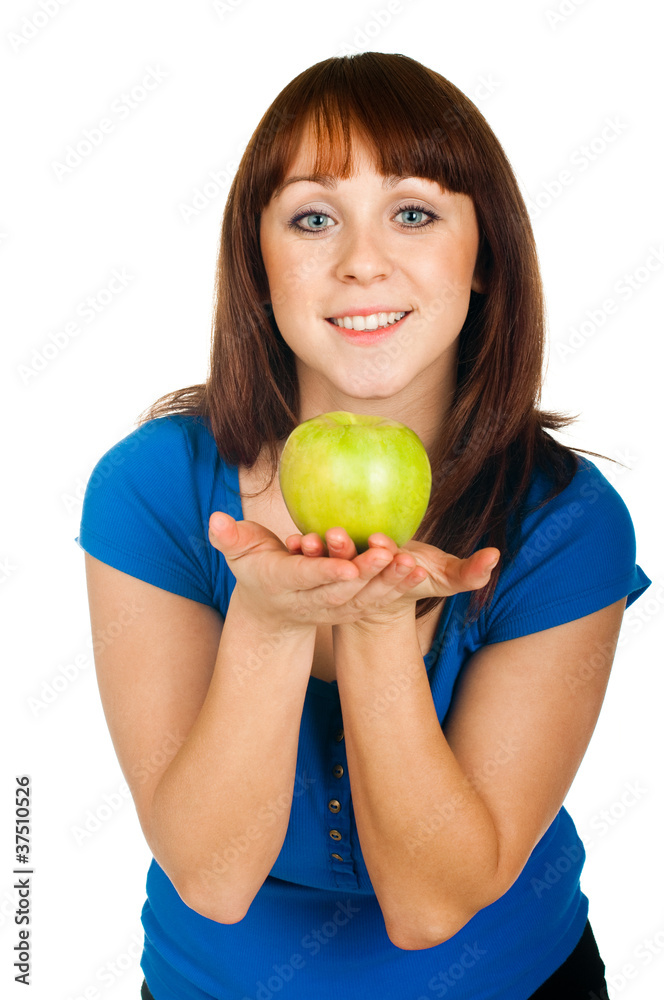 Beautiful smiling girl with apple on white background Beautiful smiling girl with apple on white background