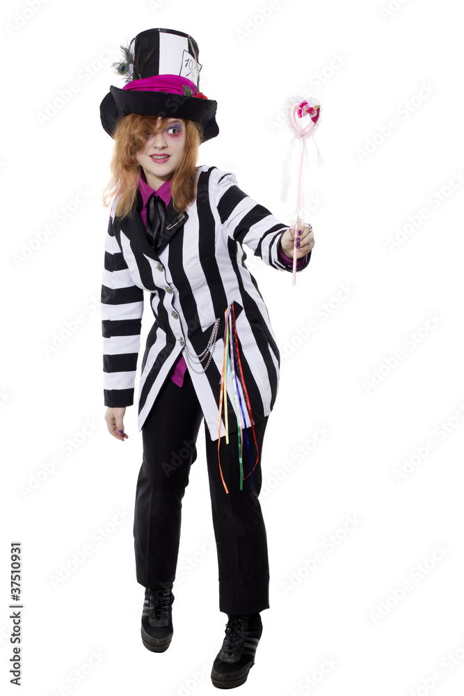The girl in a fancy dress with a stick The girl in a fancy dress with a stick