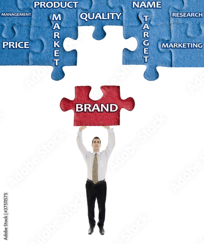 Brand word on puzzle in man hands