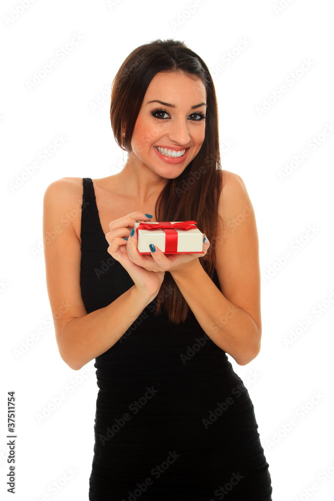 Portrait of a beautiful adult woman holding a gif Portrait of a beautiful adult woman holding a gif