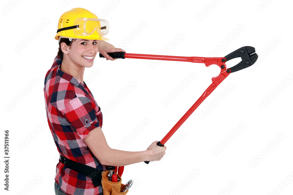 Tradeswoman holding a large set of clippers Tradeswoman holding a large set of clippers
