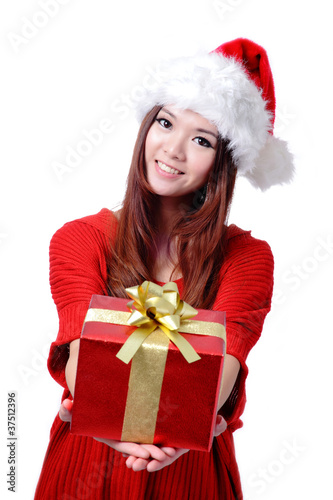 Christmas Asian beauty Girl Smile Holding Gift Box