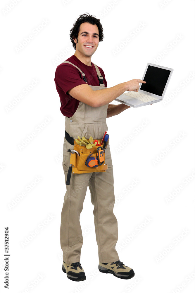 Carpenter pointing to laptop Carpenter pointing to laptop