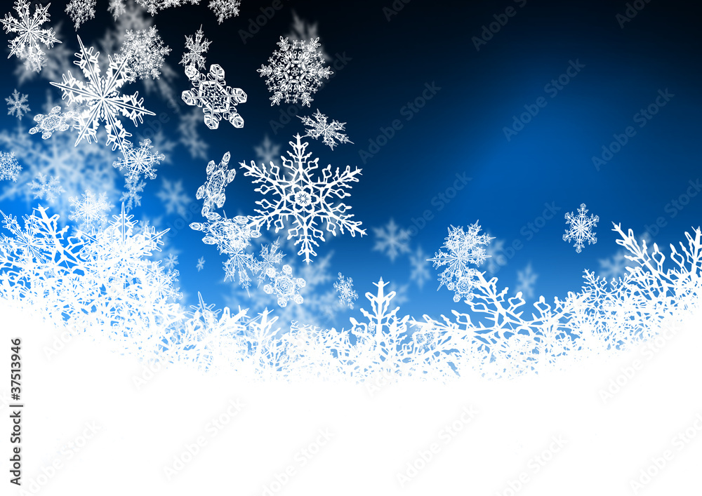 blauer Hintergrund, abstrakt, Flocken, Schnee, Kristalle, Winter