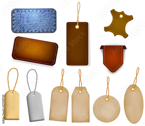 Big set of leather labels and tags. Vector illustration