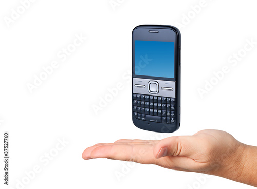Cell phone in hand isolated on white background.