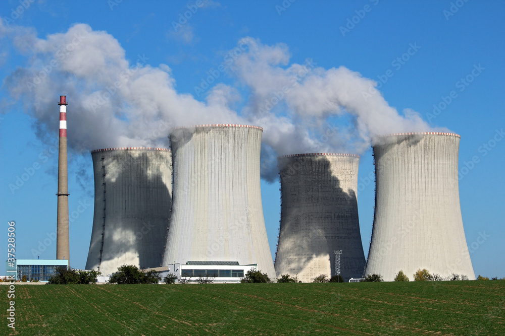 detail view of nuclear power plant with cooling towers detail view of nuclear power plant with cooling towers