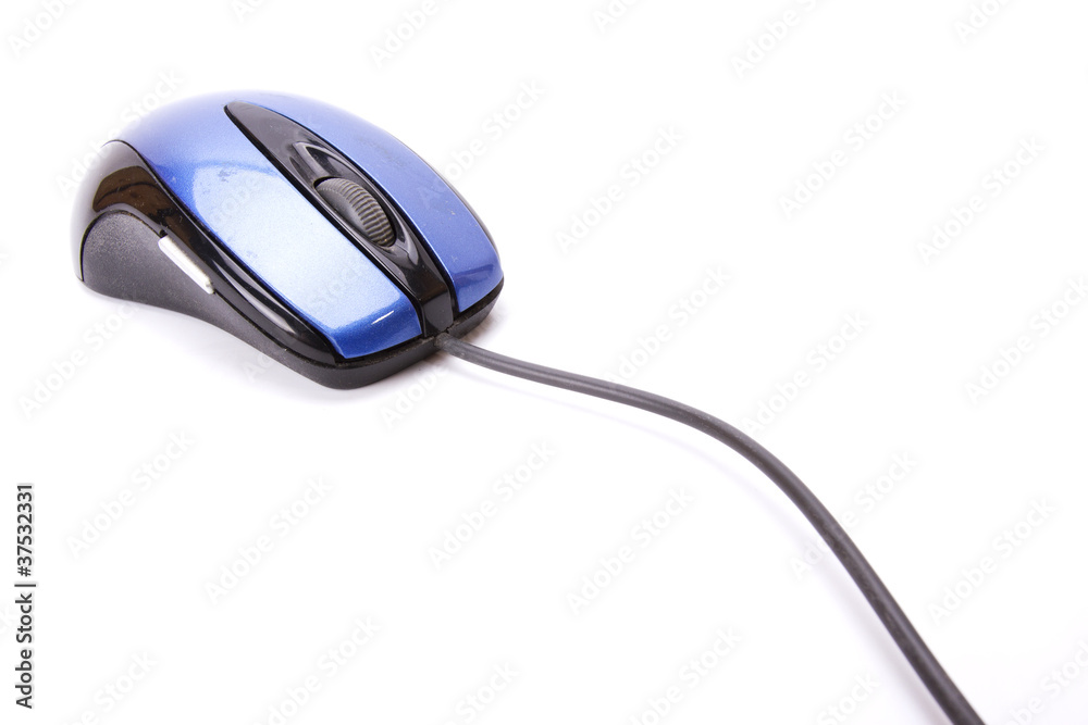 a wired blue mouse computer equipment isolate on white screen. a wired blue mouse computer equipment isolate on white screen.