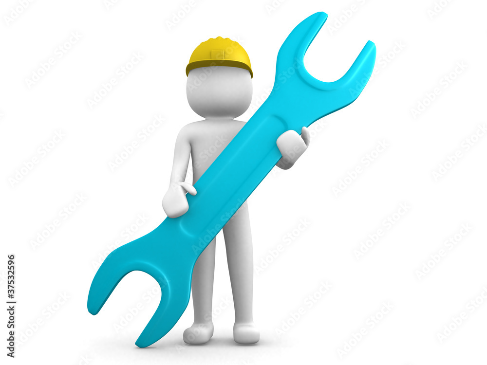 3d small people with a wrench in hands 3d small people with a wrench in hands