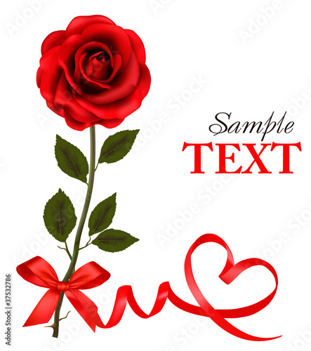 Valentine`s day card. Red rose with red bow. Vector
