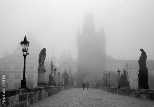 Fényképezés Prague - Charles bridge in the morning fog