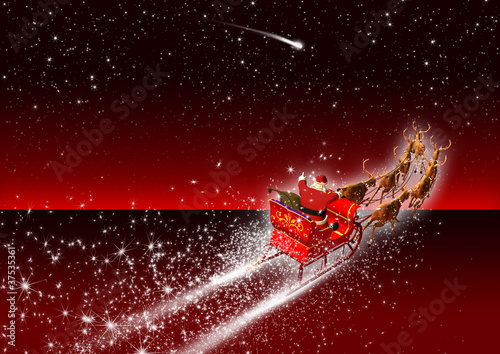roter Hintergrund, Sternenhimmel, Weihnachtsschlitten, Rentiere