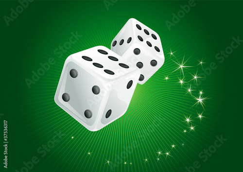 Vector green background of  two white casino dices and  stars.