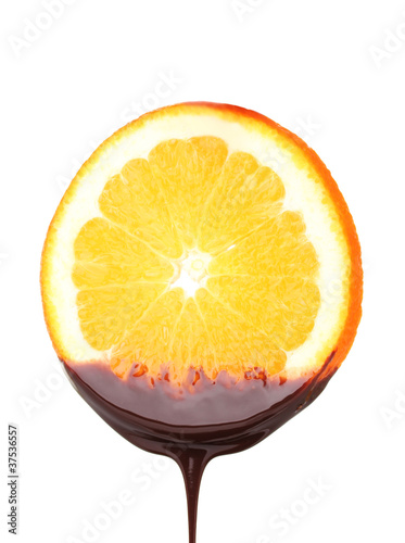 slice of       ripe orange with chocolate isolated on white