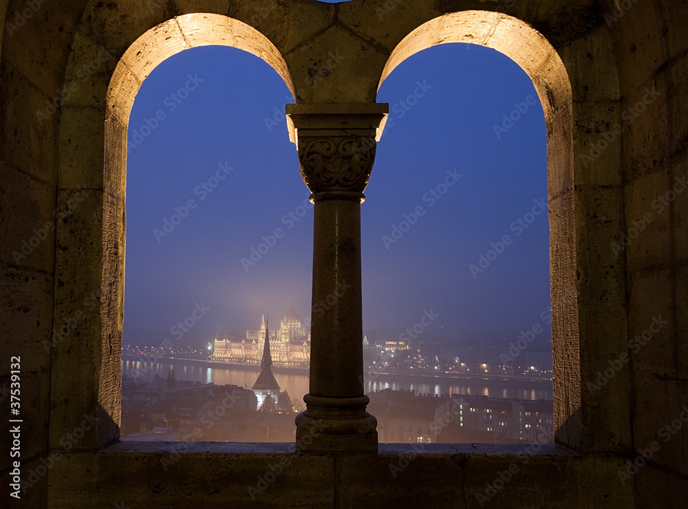 Hungarian parliament through the windows of Fisherman's Bastion