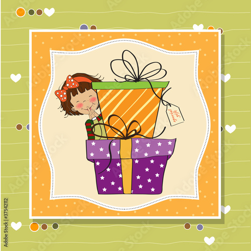 cute little girl hidden behind boxes of gifts