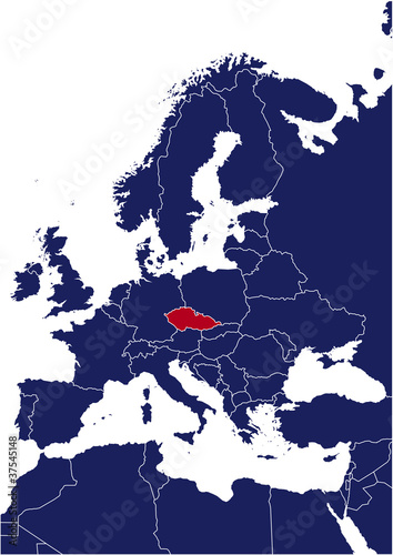 Blue map of europe with red highlited Czech Republic