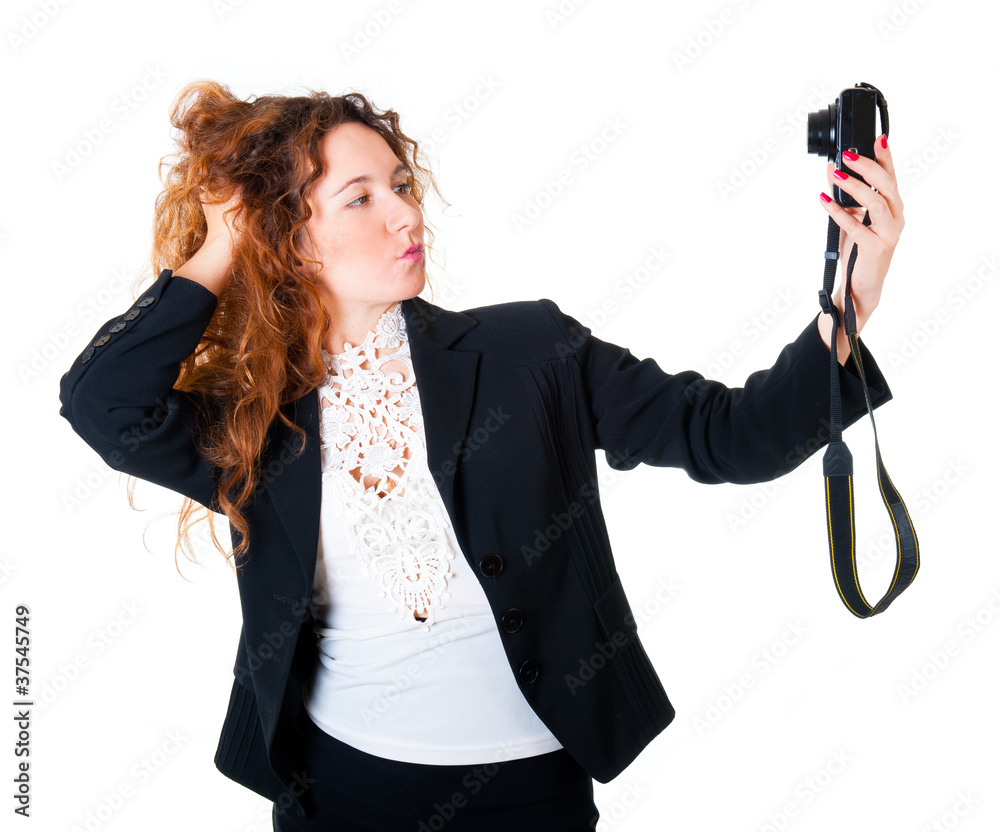 Young woman makes self-portraits Young woman makes self-portraits