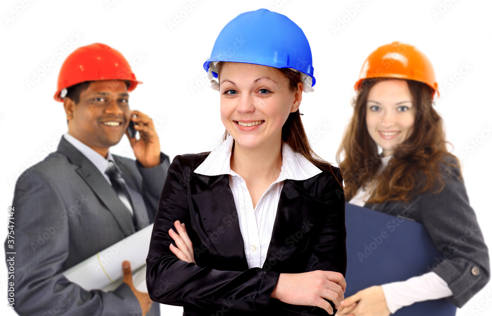 Two women and a man architect team. Isolated on Two women and a man architect team. Isolated on