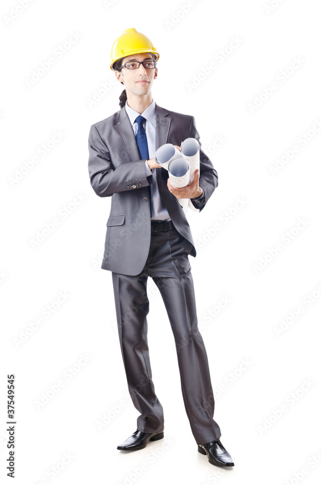 Young architect with drawings isolated on white Young architect with drawings isolated on white