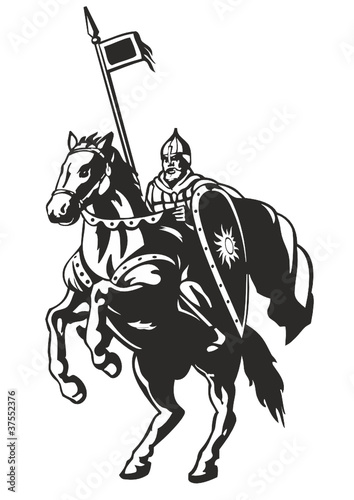 russian hero on horseback with shield and spear