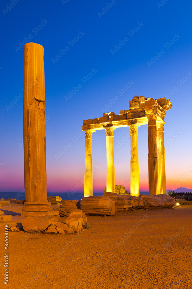 Old ruins in Side, Turkey at sunset