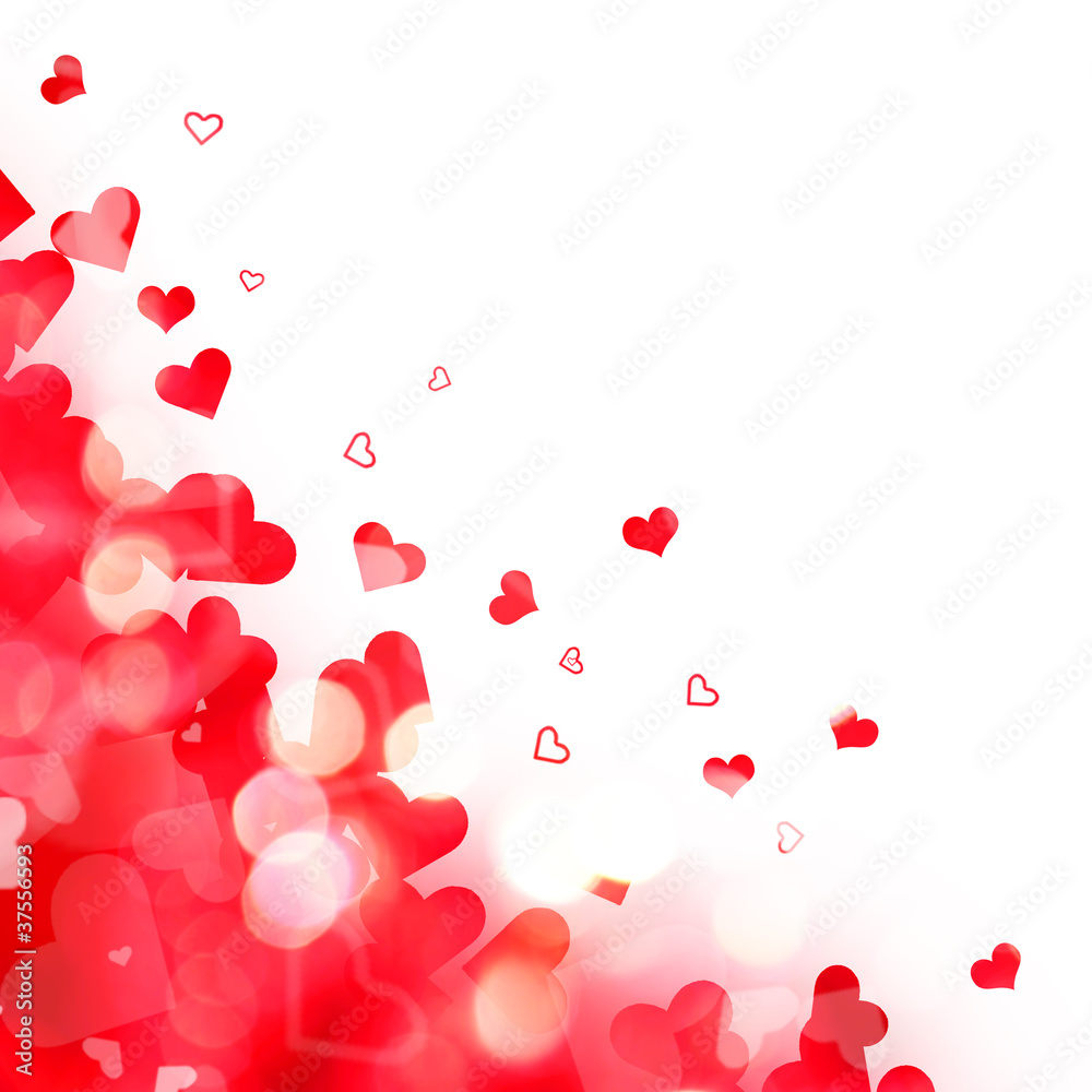 Cadre carré amour et Saint Valentin avec un  côté en coin scintillant avec des cœur rouge sur fond blanc et bokeh