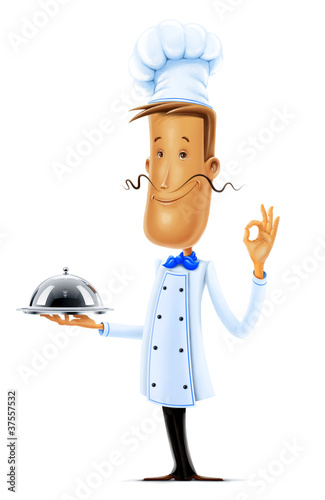 cook with tray show ok isolated on white background