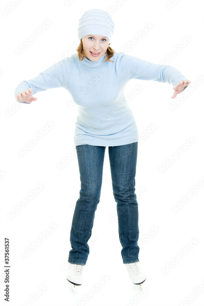 A girl with skates on white background. A girl with skates on white background.