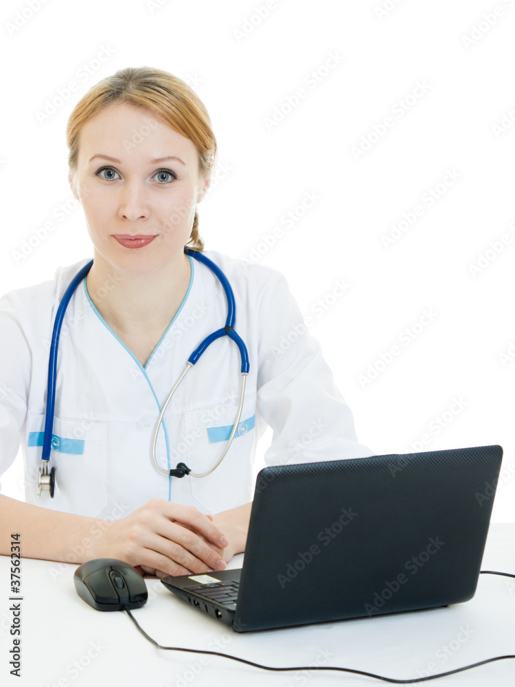 A woman doctor consultant with a laptop on a white background. A woman doctor consultant with a laptop on a white background.