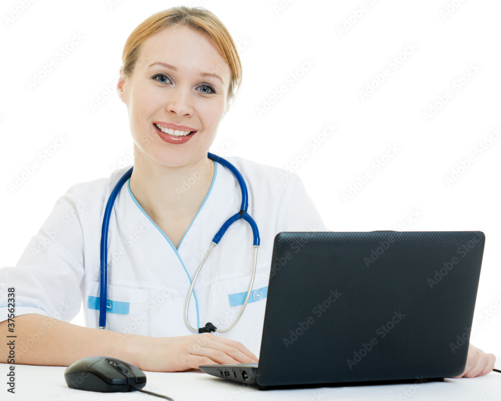 A woman doctor consultant with a laptop on a white background. A woman doctor consultant with a laptop on a white background.