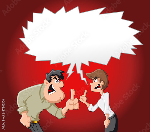 Cartoon couple fighting and pointing finger at each other
