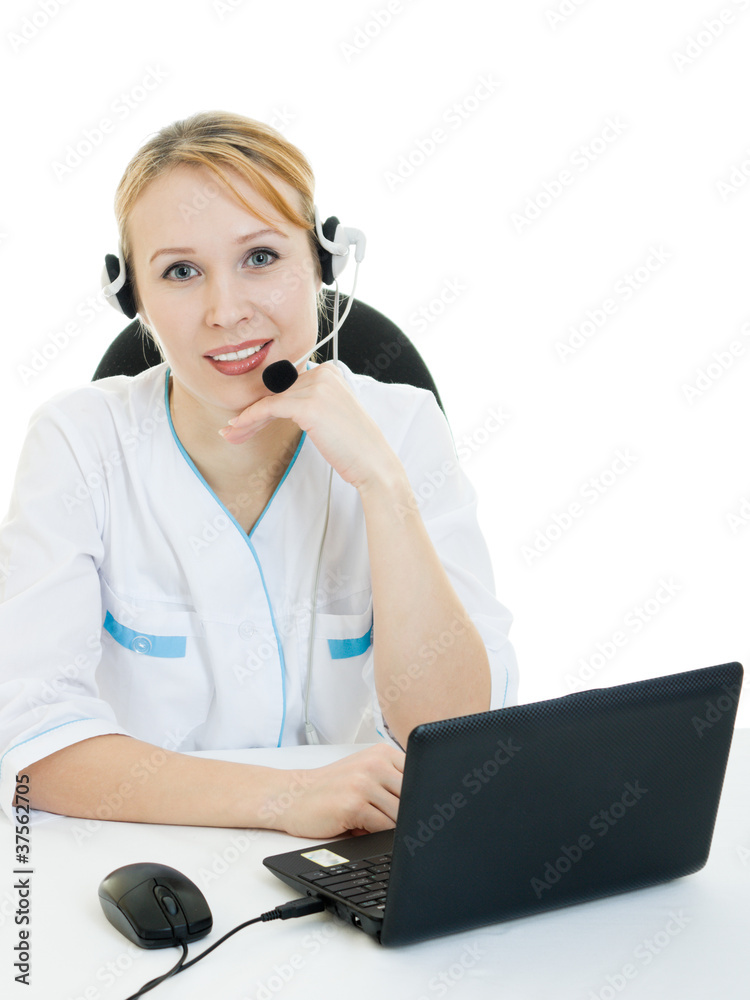 A woman doctor operator on a white background. A woman doctor operator on a white background.