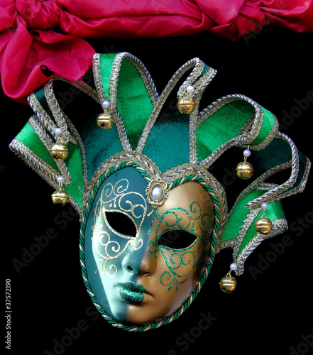 Green Carnival Jester mask with bells