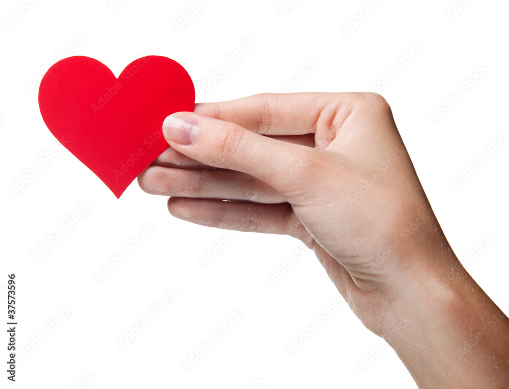 woman's hand holding symbol - red heart. Isolated