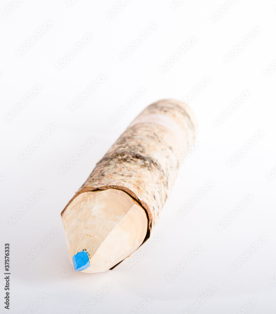 Large blue pencil made from whole branch of tree