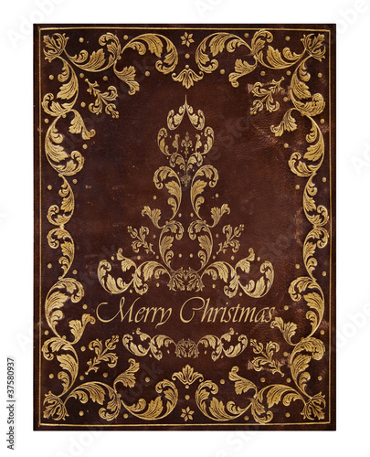 leather background with golden floral christmas decorations