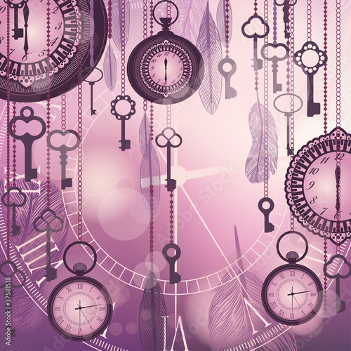 Antique background with pocket watches and feathers