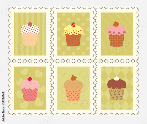 postage stamps with decorated cupcakes