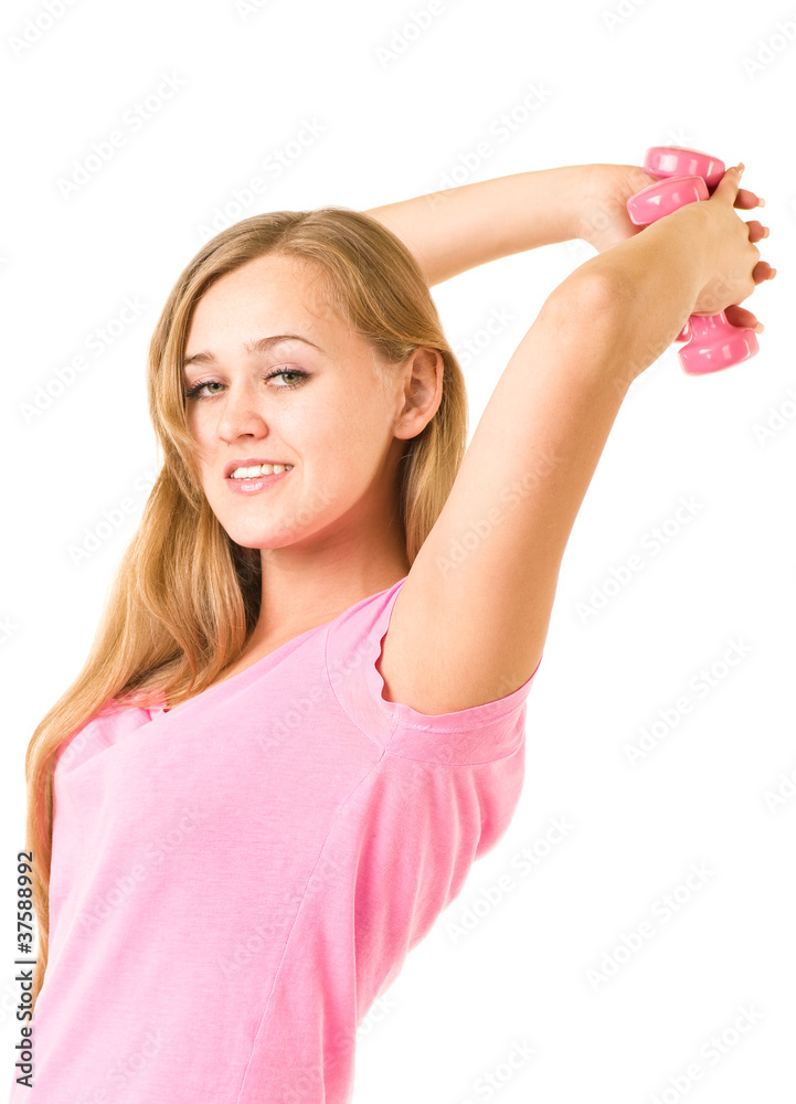 Beautiful smiling girl with free weights in gym Beautiful smiling girl with free weights in gym