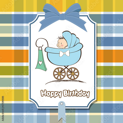 baby boy announcement card with baby and pram
